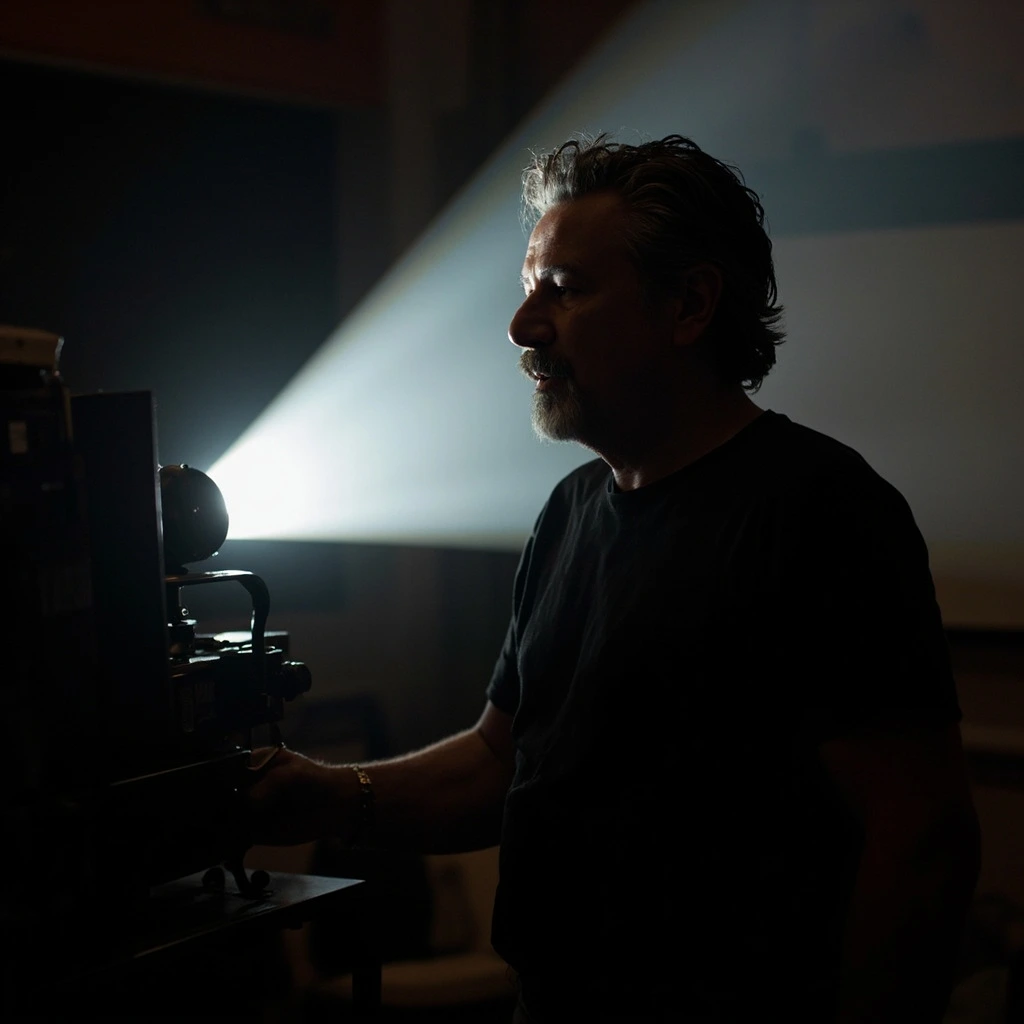 Kleber Mendonça Filho silhouetted by a film projector